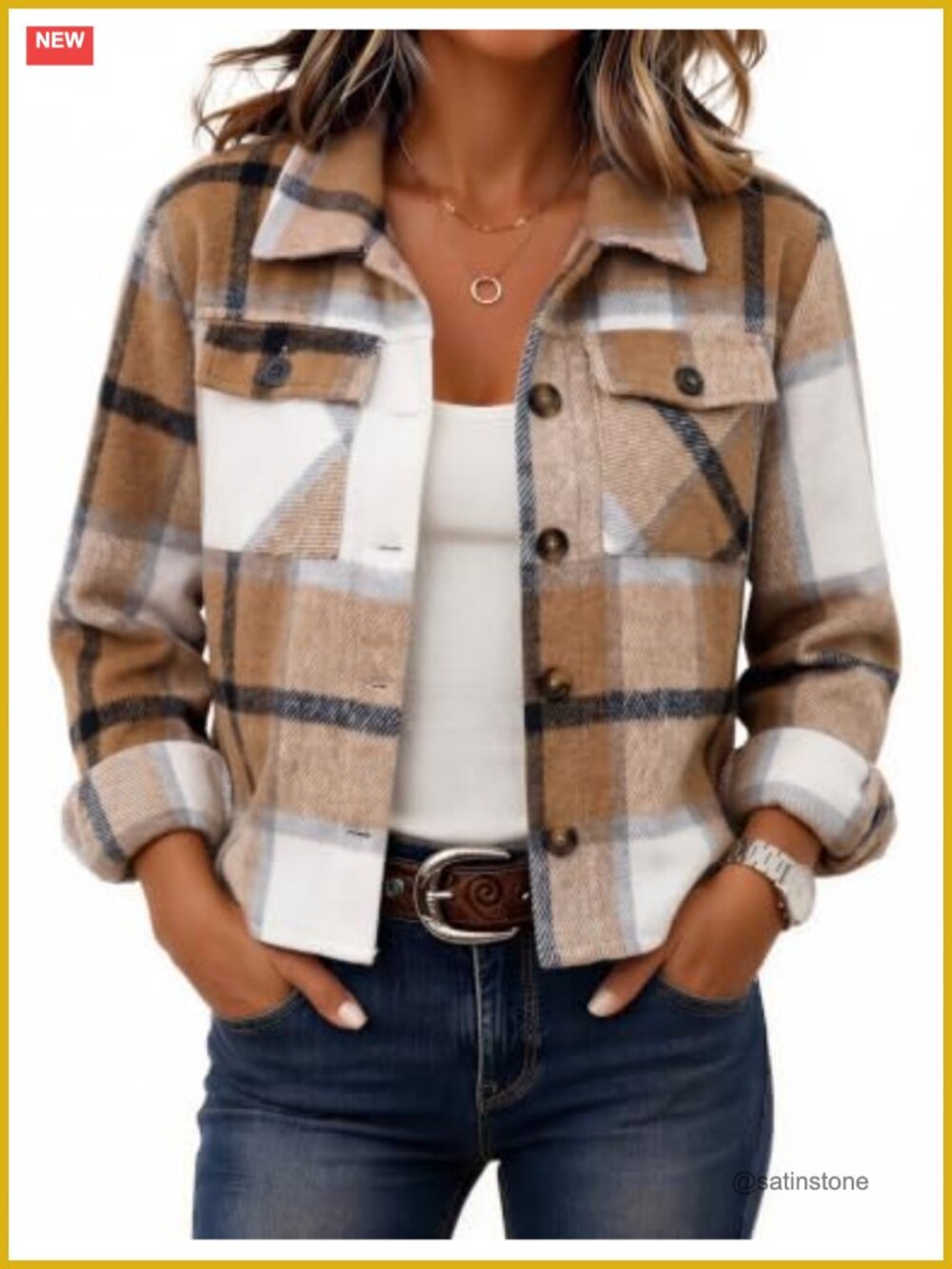 Cropped Plaid Flannel Button-Up Jacket Women's Casual Shacket
